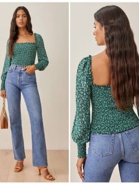 Reformation Pinto Green Ditsy Print Smocked Cropped Top Size Medium